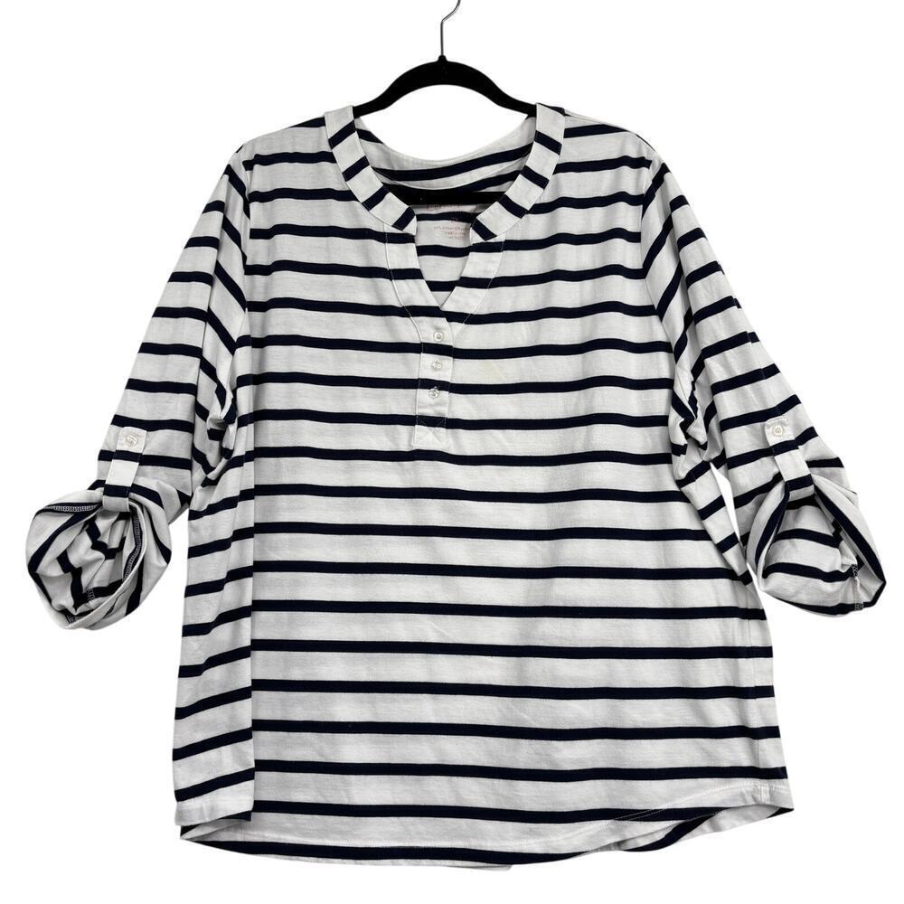 Coral Bay Knit Blouse Top Size 2X White Black Stripe 3/4 Roll Tab Sleeve Stretch